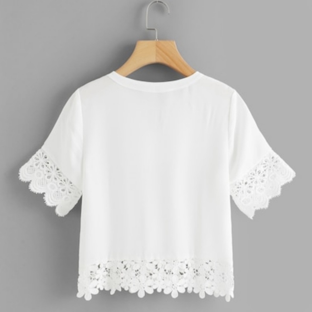 White Lace Hem Tie Neck Top Size S - Picture 2 of 7